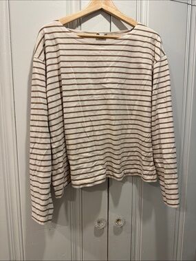 J. Crew Cream boat neck Top with Brown Stripes